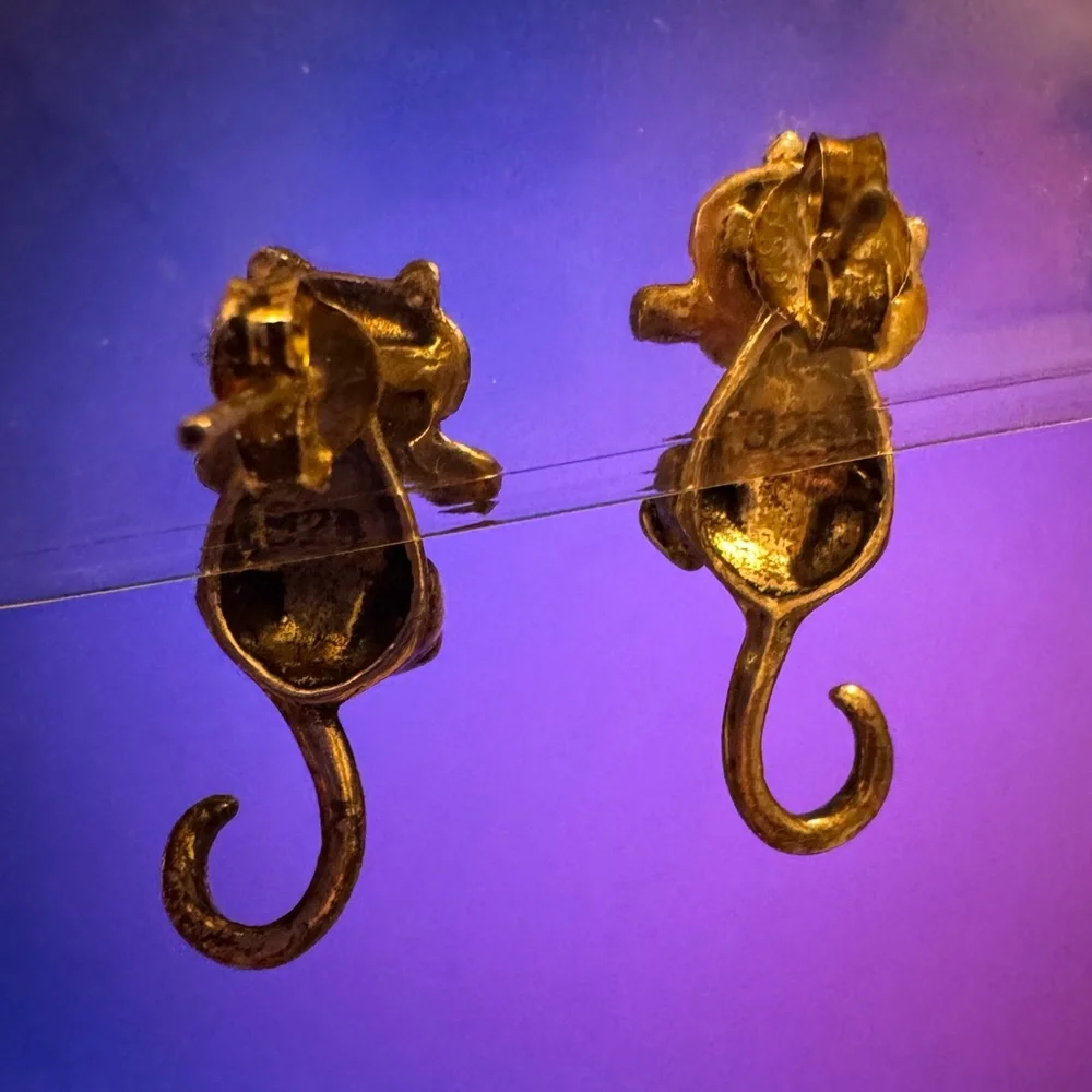 Silver cat earrings stud dangle 925 patina convertible - Picture 3 of 4